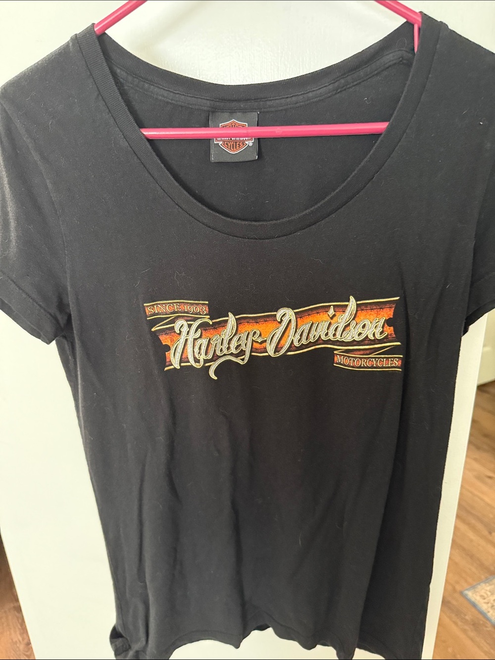 Harley-Davidson Black Tee with Orange and Gold Script